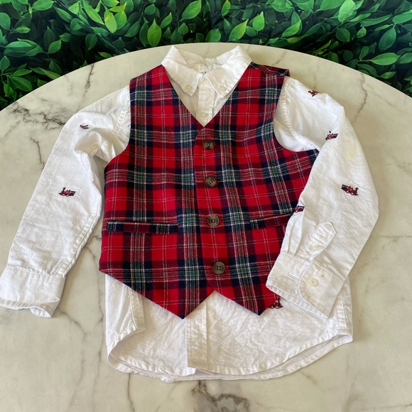 Janie and Jack Red Plaid Button Down Shirt with Vest - Picture 1 of 9